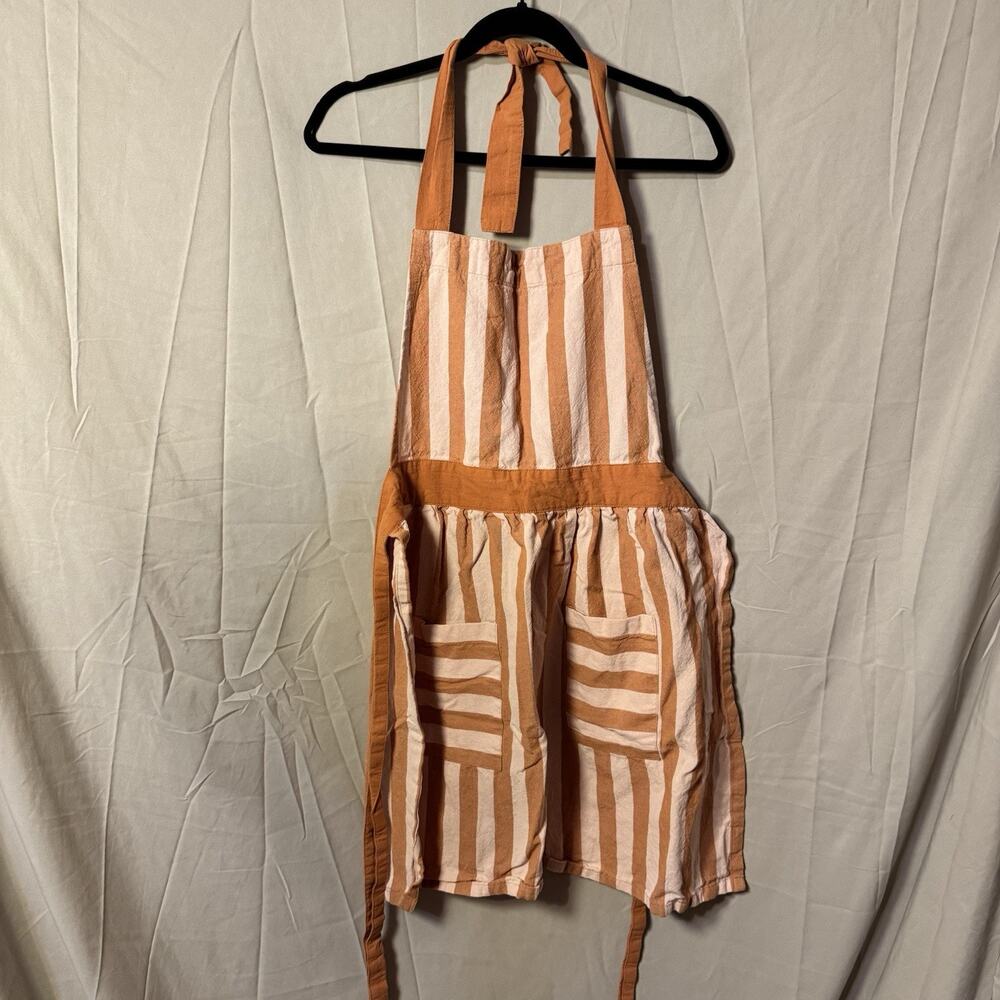 Beautiful by Drew Barrymore Striped Full Body Apron Orange Pink Cotton